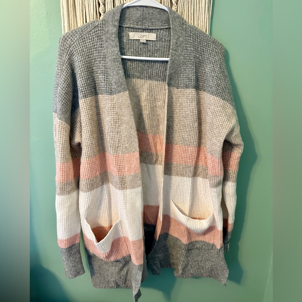 LOFT Waffle Knit Cardigan Pink Beige Gray White Size Medium